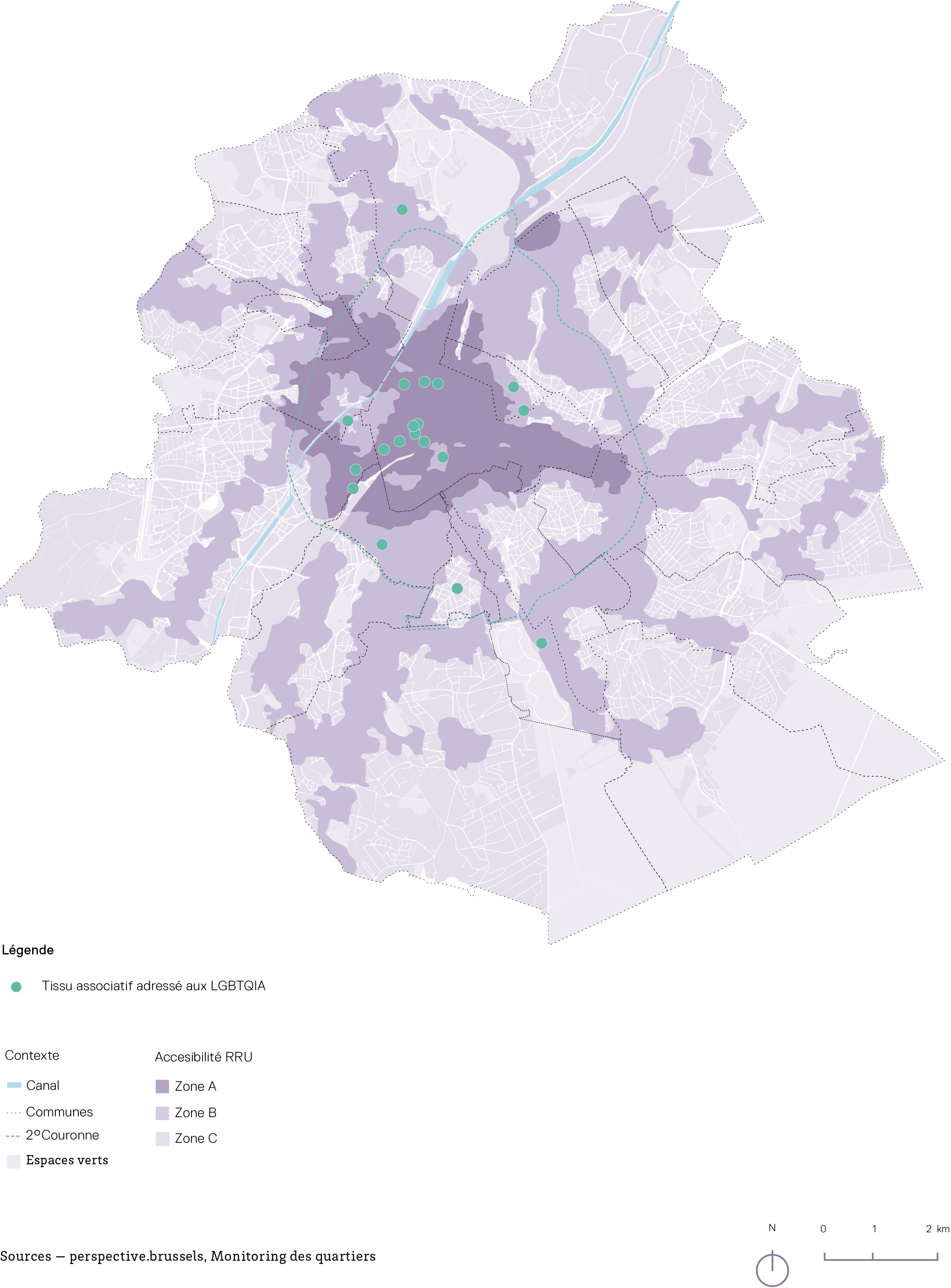 Carte illustrant la présence du tissu association LGBTQIA à bruxelles 