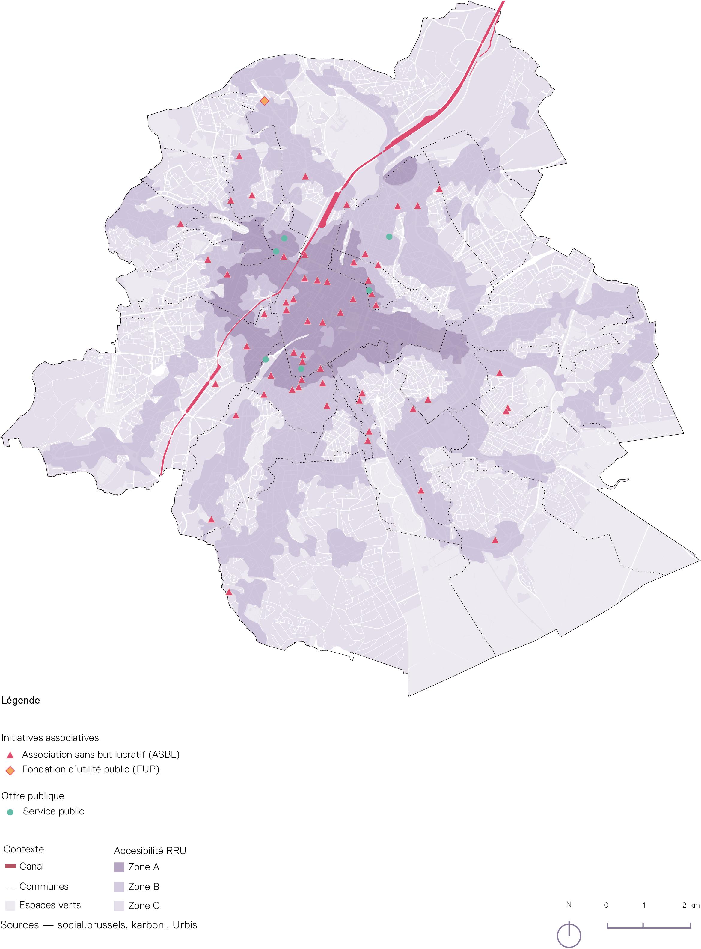 Carte illustrant la présence des ASBL FUP à bruxelles