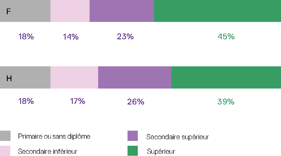 Statistique illustrant niveau d'instruction par sexe en Région bruxelloise 