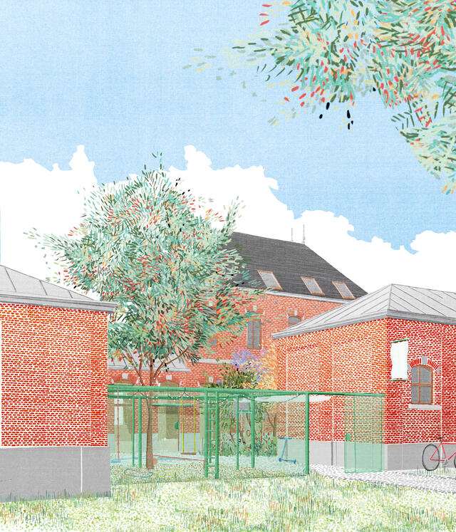 Vue projetée vers l'entrée du bâtiment