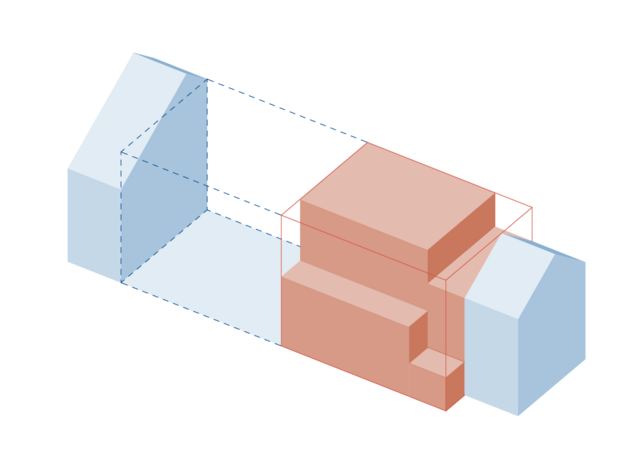 schéma axonométrique de l'implantation volumétrique du projet