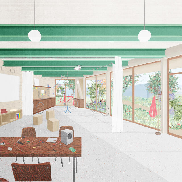 Illustration depuis l'intérieur de la maison de quartier